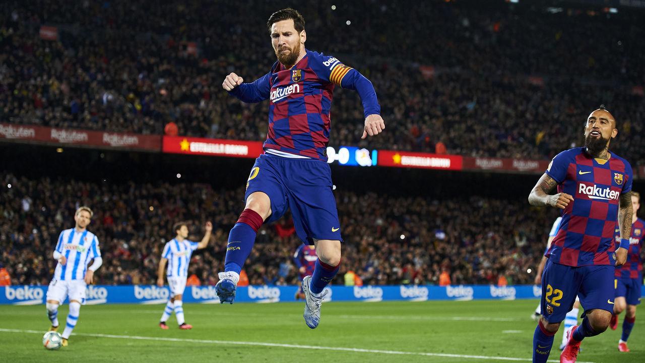 BARCELONA, SPAIN - MARCH 07: Lionel Messi of FC Barcelona celebrates scoring his team's goal during the Liga match between FC Barcelona and Real Sociedad at Camp Nou on March 07, 2020 in Barcelona, Spain.