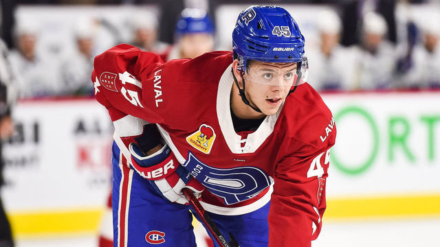 LAVAL, QC - FEBRUARY 05: Laval Rocket center Jesperi Kotkaniemi (45) waits for a faceoff during the Utica Comets versus the Laval Rocket game on February 05, 2020, at Place Bell in Laval, QC