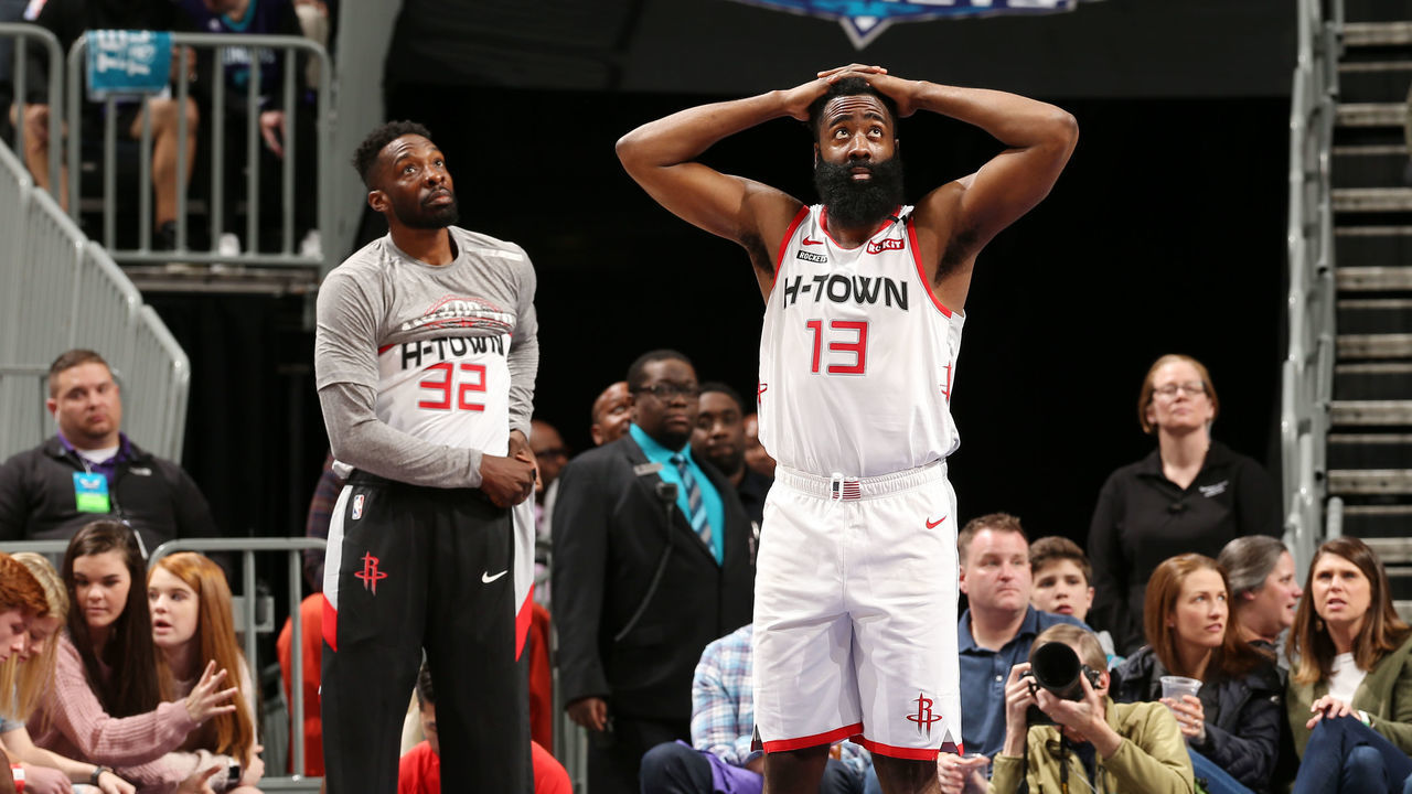 CHARLOTTE, NC - MARCH 7: James Harden #13 of the Houston Rockets looks on during the game against the Charlotte Hornets on March 7, 2020 at Spectrum Center in Charlotte, North Carolina. Mandatory Copyright Notice: Copyright 2020 NBAE