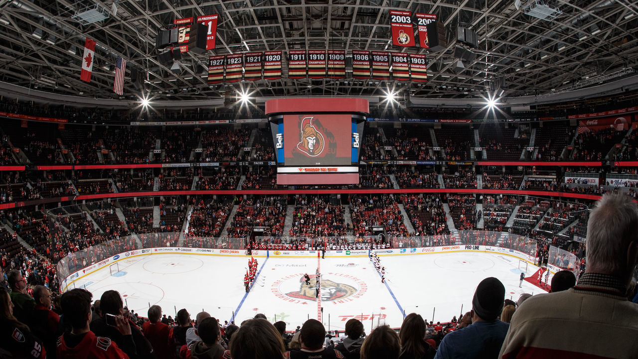 OTTAWA, ON - JANUARY 27: A wide elevated view of the arena during the singing of the national anthems prior to a game between the Ottawa Senators and the New Jersey Devils at Canadian Tire Centre on January 27, 2020 in Ottawa, Ontario, Canada.