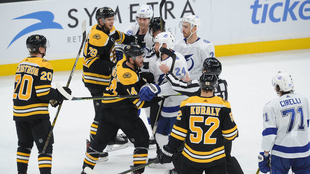 BOSTON, MA - MARCH 7: The Boston Bruins against the Tampa Bay Lightning at the TD Garden on March 7, 2020 in Boston, Massachusetts.