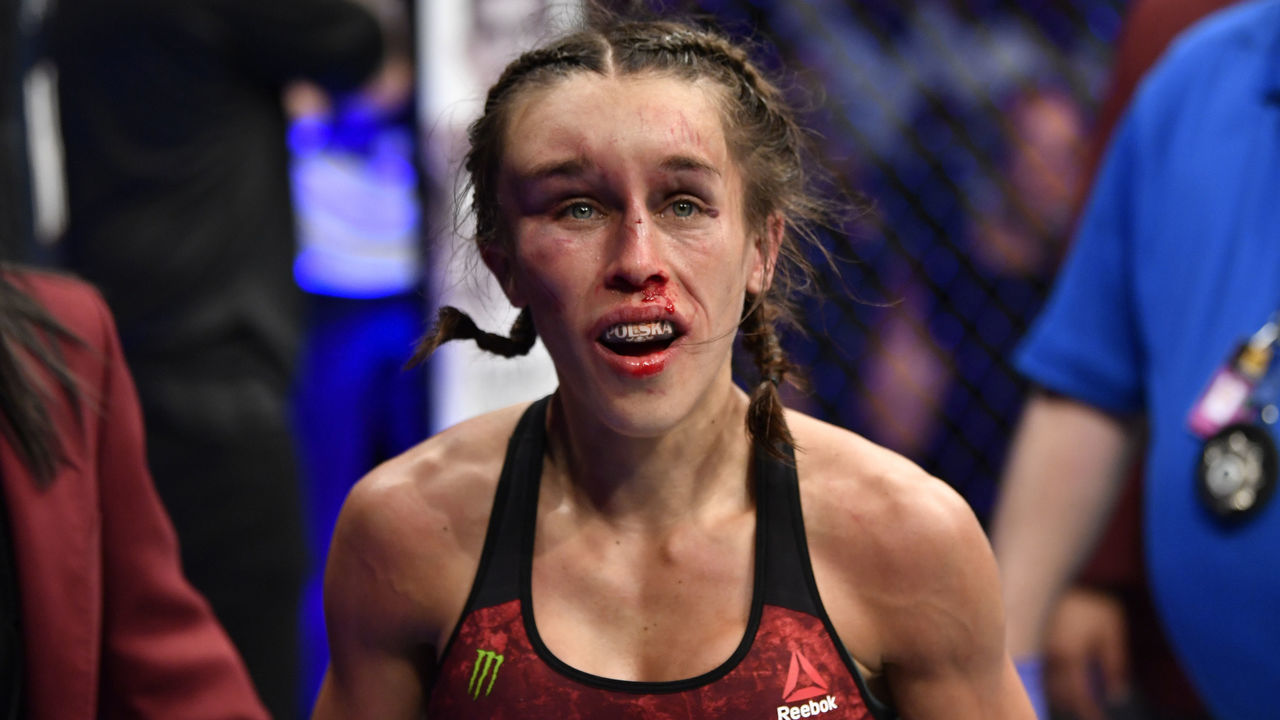 LAS VEGAS, NEVADA - MARCH 07: Joanna Jedrzejczyk of Poland reacts after the conclusion of her UFC strawweight championship fight against Zhang Weili of China during the UFC 248 event at T-Mobile Arena on March 07, 2020 in Las Vegas, Nevada.