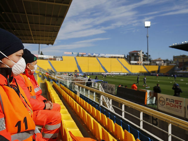PARMA, ITALY - MARCH 08: A man with a protective mask during the Serie A match between Parma Calcio and SPAL at Stadio Ennio Tardini on March 1, 2020 in Parma, Italy.