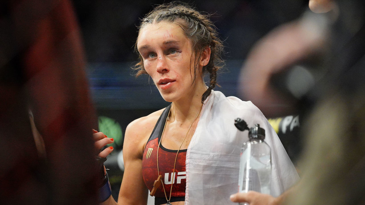 LAS VEGAS, NV - MARCH 07: Zhang Weili vs. Joanna Jedrzejczyk fighting during the UFC 248 on March 07, 2020, at T-Mobile Arena in Las Vegas, NV.