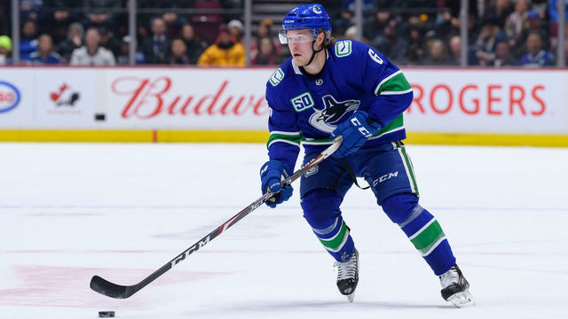VANCOUVER, BC - DECEMBER 21: Vancouver Canucks Right Wing Brock Boeser (6) skates with the puck during their NHL game against the Pittsburgh Penguins at Rogers Arena on December 21, 2019 in Vancouver, British Columbia, Canada.