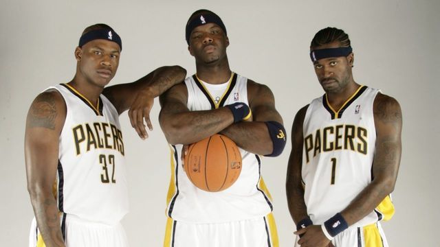 INDIANAPOLIS - OCTOBER 2: Al Harrington #3, Jermaine O'Neal #7 and Stephen Jackson #1 of the Indiana Pacers pose for a photograph during the Pacers Media Day on October 2, 2006 at Conseco Fieldhouse in Indianapolis, Indiana. Mandatory Copyright Notice: 2006 NBAE