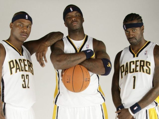 INDIANAPOLIS - OCTOBER 2: Al Harrington #3, Jermaine O'Neal #7 and Stephen Jackson #1 of the Indiana Pacers pose for a photograph during the Pacers Media Day on October 2, 2006 at Conseco Fieldhouse in Indianapolis, Indiana. Mandatory Copyright Notice: 2006 NBAE