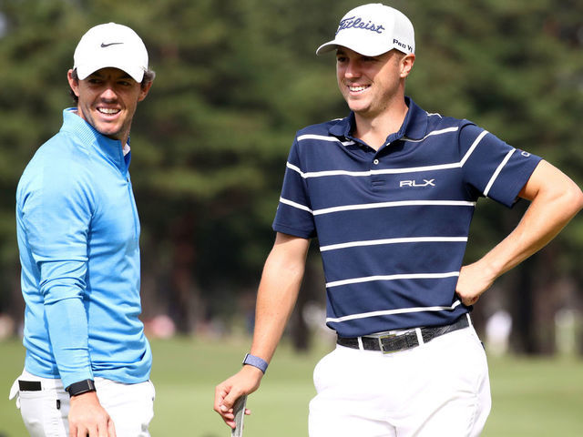 INZAI, JAPAN - OCTOBER 24: Justin Thomas (R) of the United States and Rory McIlroy of Northern Ireland (L) of the Northern Ireland talk on the 9th green during the first round of the ZOZO Championship at Accordia Golf Narashino Country Club on October 24, 2019 in Inzai, Chiba, Japan.