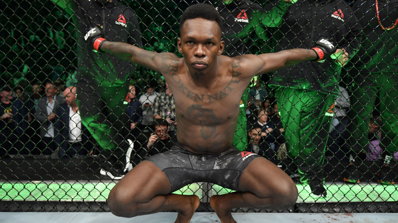LAS VEGAS, NEVADA - MARCH 07: Israel Adesanya of Nigeria prepares to fight Yoel Romero of Cuba in their UFC middleweight championship fight during the UFC 248 event at T-Mobile Arena on March 07, 2020 in Las Vegas, Nevada.