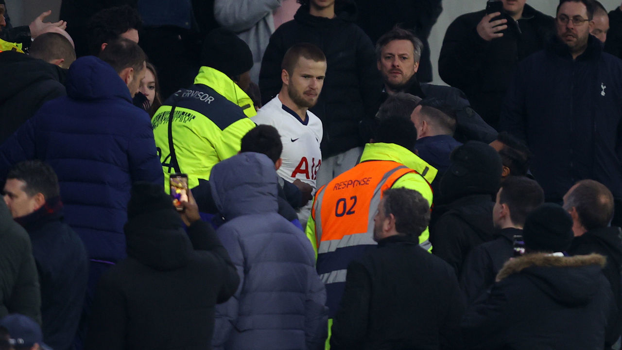 LONDON, ENGLAND - MARCH 04: Eric Dier of Tottenham Hotspur is seen speaking to Tottenham Hotspur fans in the stands following his teams defeat in the FA Cup Fifth Round match between Tottenham Hotspur and Norwich City at Tottenham Hotspur Stadium on March 04, 2020 in London, England.
