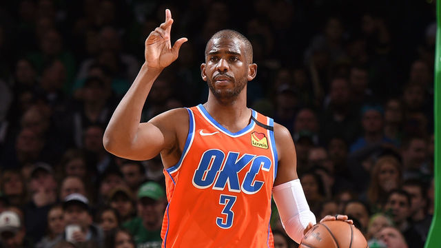 BOSTON, MA - MARCH 8: Chris Paul #3 of the Oklahoma City Thunder handles the ball against the Boston Celtics on March 8, 2020 at the TD Garden in Boston, Massachusetts. Mandatory Copyright Notice: Copyright 2020 NBAE