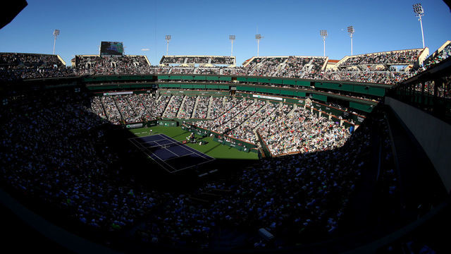 INDIAN WELLS, CALIFORNIA - MARCH 17: A general view of Stadium 1 as Roger Federer of Switzerland plays against Dominic Thiem of Austria during their men's singles final on day fourteen of the BNP Paribas Open at the Indian Wells Tennis Garden on March 17, 2019 in Indian Wells, California.