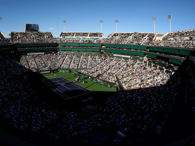 INDIAN WELLS, CALIFORNIA - MARCH 17: A general view of Stadium 1 as Roger Federer of Switzerland plays against Dominic Thiem of Austria during their men's singles final on day fourteen of the BNP Paribas Open at the Indian Wells Tennis Garden on March 17, 2019 in Indian Wells, California.