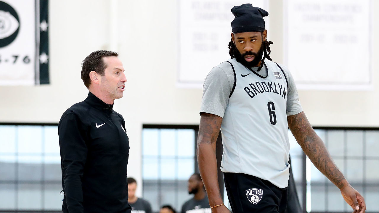 BROOKLYN, NY - OCTOBER 1: Head Coach Kenny Atkinson and DeAndre Jordan #6 of the Brooklyn Nets talk during practice on October 1, 2019 at HSS Training Center in Brooklyn, New York. Mandatory Copyright Notice: Copyright 2019 NBAE
