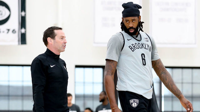 BROOKLYN, NY - OCTOBER 1: Head Coach Kenny Atkinson and DeAndre Jordan #6 of the Brooklyn Nets talk during practice on October 1, 2019 at HSS Training Center in Brooklyn, New York. Mandatory Copyright Notice: Copyright 2019 NBAE