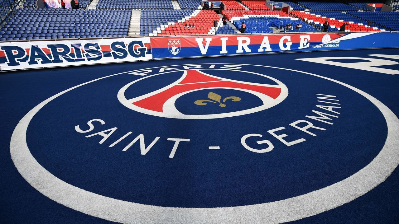 A picture taken at the Parc des Princes stadium in Paris, on February 29, 2020 shows the Paris Saint-Germain's logo before the Ligue 1 football match between PSG and Dijon amid fear of Covid-19 (novel Coronavirus).