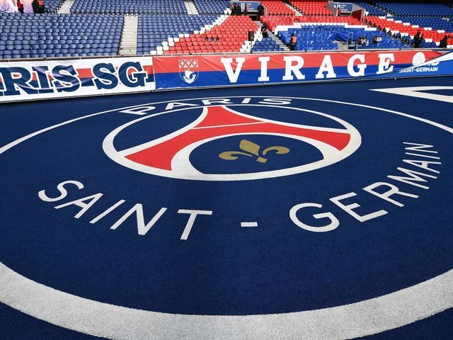 A picture taken at the Parc des Princes stadium in Paris, on February 29, 2020 shows the Paris Saint-Germain's logo before the Ligue 1 football match between PSG and Dijon amid fear of Covid-19 (novel Coronavirus).
