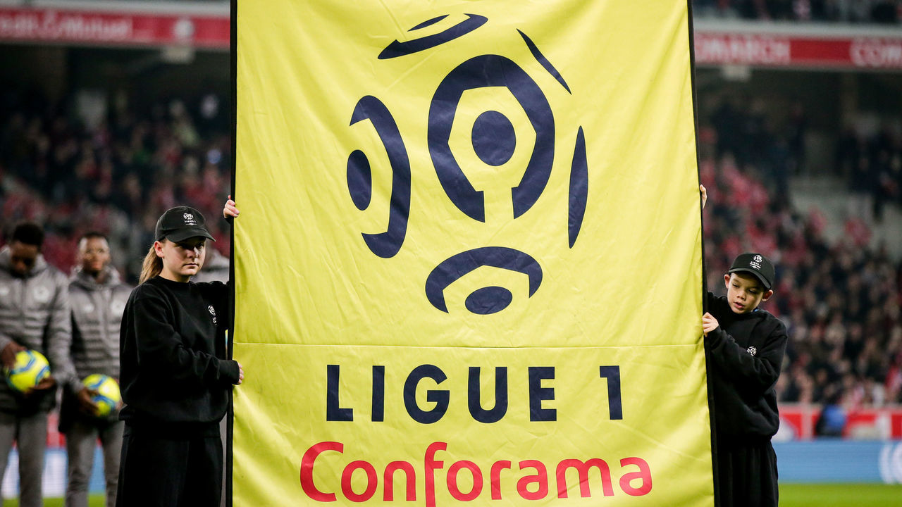 LILLE, FRANCE - JANUARY 26: Flag with logo from Ligue 1 during the French League 1 match between Lille v Paris Saint Germain at the Stade Pierre Mauroy on January 26, 2020 in Lille France