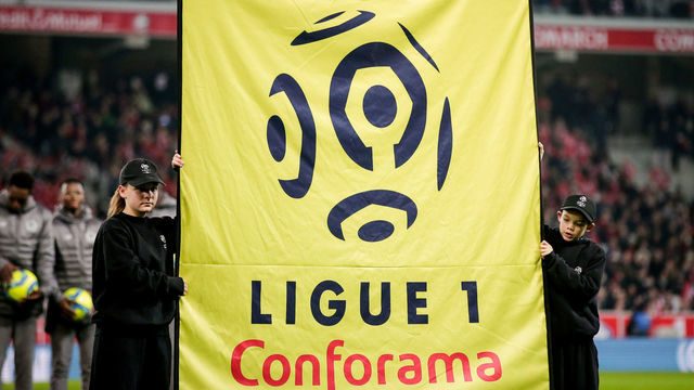 LILLE, FRANCE - JANUARY 26: Flag with logo from Ligue 1 during the French League 1 match between Lille v Paris Saint Germain at the Stade Pierre Mauroy on January 26, 2020 in Lille France