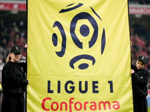 LILLE, FRANCE - JANUARY 26: Flag with logo from Ligue 1 during the French League 1 match between Lille v Paris Saint Germain at the Stade Pierre Mauroy on January 26, 2020 in Lille France