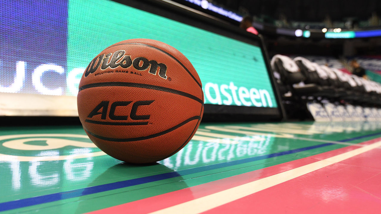 GREENSBORO, NC - MARCH 04: The game ball featuring the ACC logo rests courtside prior to the ACC Women's Tournament game between the Wake Forest Demon Deacons and the North Carolina Tar Heels at Greensboro Coliseum on March 4, 2020 in Greensboro, NC.