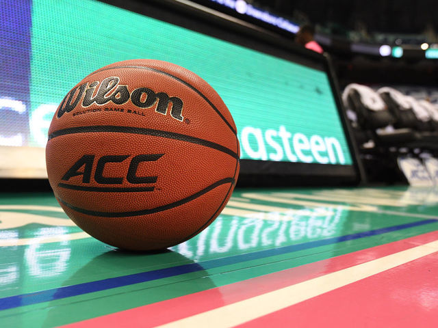 GREENSBORO, NC - MARCH 04: The game ball featuring the ACC logo rests courtside prior to the ACC Women's Tournament game between the Wake Forest Demon Deacons and the North Carolina Tar Heels at Greensboro Coliseum on March 4, 2020 in Greensboro, NC.