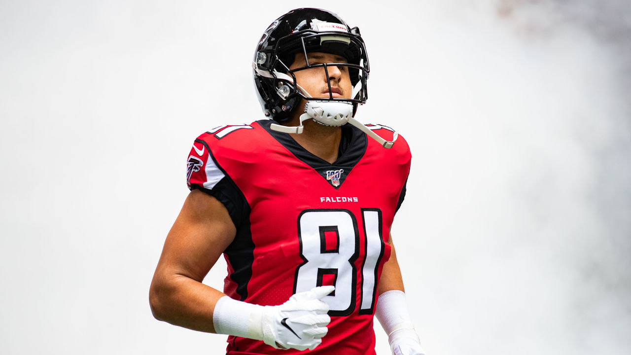 ATLANTA, GA - OCTOBER 20: Austin Hooper #81 of the Atlanta Falcons takes the field prior to a game against the Los Angeles Rams at Mercedes-Benz Stadium on October 20, 2019 in Atlanta, Georgia.