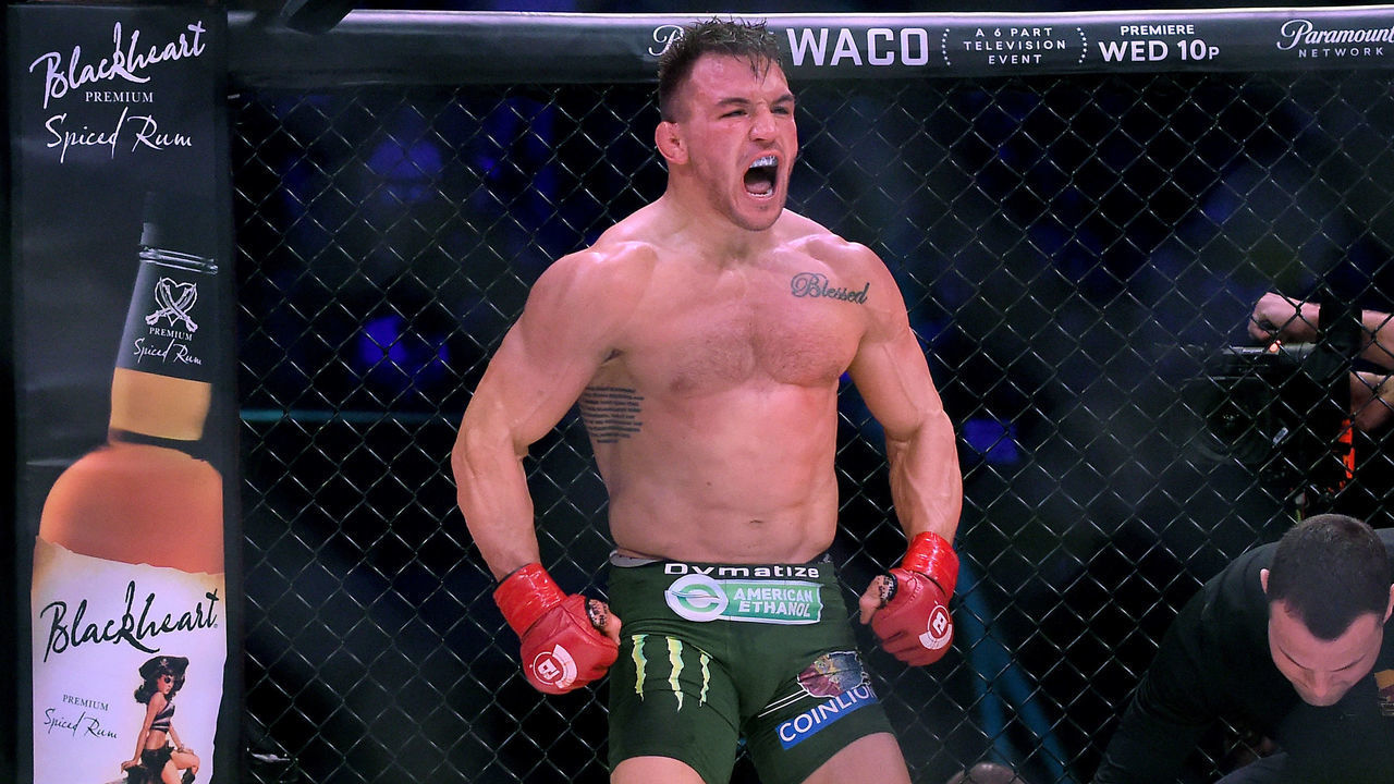 INGLEWOOD, CA - JANUARY 20: Michael Chandler Jr (red gloves) celebrates after defeating Goiti Yamauchi (not pictured) in their Lightweight fight at Bellator 192 at The Forum on January 20, 2018 in Inglewood, California. Michael Chandler Jr won by unanimous decision.