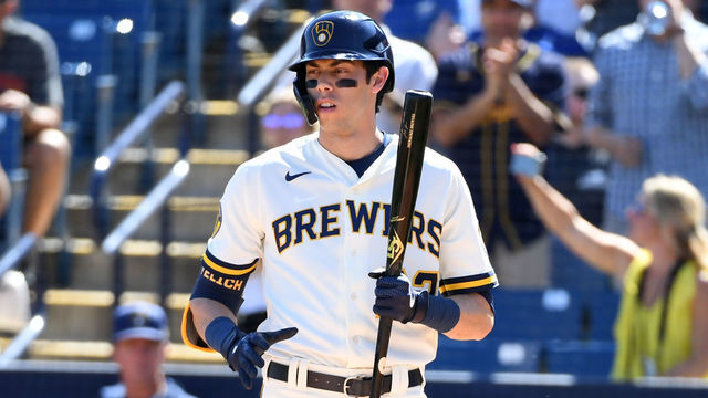 MARYVALE, ARIZONA - MARCH 06: Christian Yelich #22 of the Milwaukee Brewers gets ready to step into the batters box during a spring training game against the San Francisco Giants at American Family Fields of Phoenix on March 06, 2020 in Maryvale, Arizona.