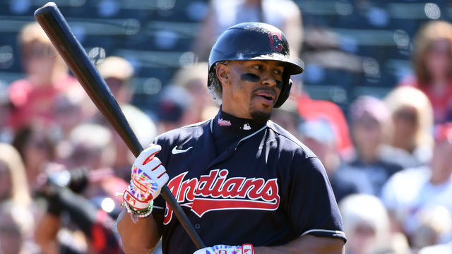 GOODYEAR, ARIZONA - MARCH 03: Francisco Lindor #12 of the Cleveland Indians gets ready to step into the batters box against the Los Angeles Angels during a spring training game at Goodyear Ballpark on March 03, 2020 in Goodyear, Arizona.