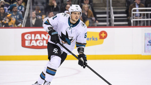 PITTSBURGH, PA - JANUARY 02: San Jose Sharks Defenseman Radim Simek (51) skates during the second period in the NHL game between the Pittsburgh Penguins and the San Jose Sharks on January 2, 2020, at PPG Paints Arena in Pittsburgh, PA.
