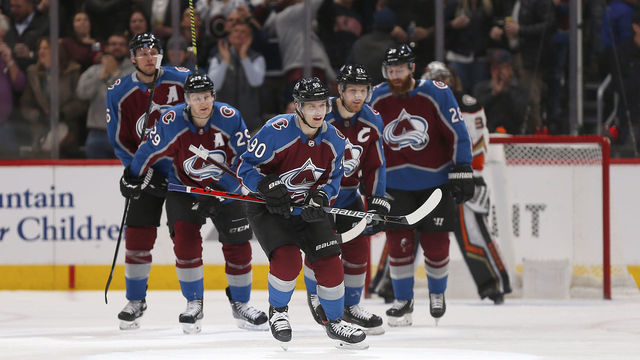 DENVER, CO - MARCH 04: Colorado Avalanche team members skate off the ice following a first period goal by Avalanche Right Wing Vladislav Namestnikov (90) during a regular season game between the Colorado Avalanche and the visiting Anaheim Ducks on March 4, 2020 at the Pepsi Center in Denver, CO.