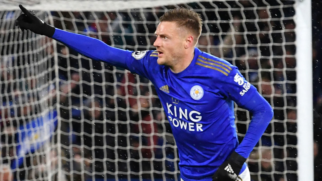 Leicester City's English striker Jamie Vardy celebrates after scoring their third goal during the English Premier League football match between Leicester City and Aston Villa at King Power Stadium in Leicester, central England on March 9, 2020. - Leicester won the game 4-0.