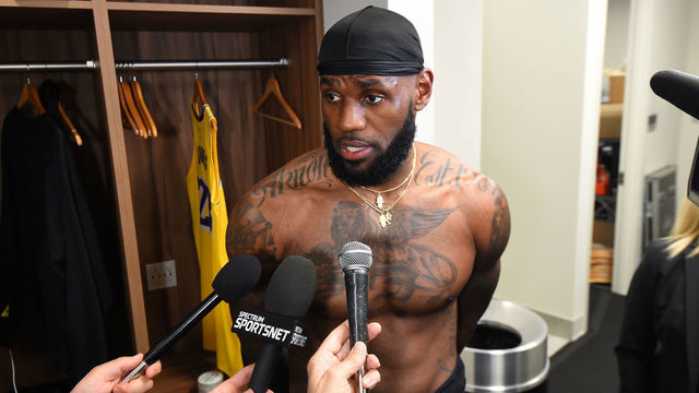 SAN FRANCISCO, CA - OCTOBER 5: LeBron James #23 of the Los Angeles Lakers talks with the media in the locker room after the game during the preseason on October 5, 2019 at Chase Center in San Francisco, California. NOTE TO USER: User expressly acknowledges and agrees that, by downloading and/or using this Photograph, user is consenting to the terms and conditions of the Getty Images License Agreement. Mandatory Copyright Notice: Copyright 2019 NBAE