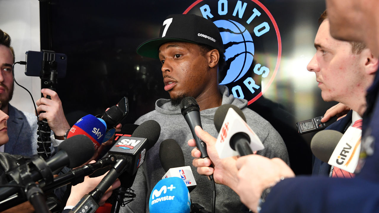 TORONTO, CANADA - MAY 30: Kyle Lowry #7 of the Toronto Raptors talks to the media by the locker room after Game One of the NBA Finals against the Golden State Warriors on May 30, 2019 at Scotiabank Arena in Toronto, Ontario, Canada. NOTE TO USER: User expressly acknowledges and agrees that, by downloading and/or using this photograph, user is consenting to the terms and conditions of the Getty Images License Agreement. Mandatory Copyright Notice: Copyright 2019 NBAE