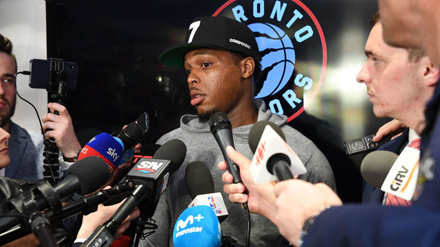 TORONTO, CANADA - MAY 30: Kyle Lowry #7 of the Toronto Raptors talks to the media by the locker room after Game One of the NBA Finals against the Golden State Warriors on May 30, 2019 at Scotiabank Arena in Toronto, Ontario, Canada. NOTE TO USER: User expressly acknowledges and agrees that, by downloading and/or using this photograph, user is consenting to the terms and conditions of the Getty Images License Agreement. Mandatory Copyright Notice: Copyright 2019 NBAE