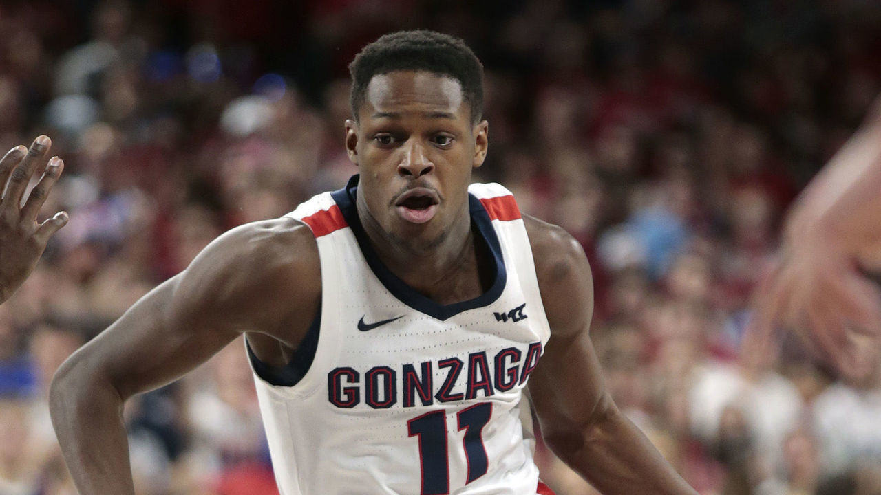 SPOKANE, WASHINGTON - FEBRUARY 29: Joel Ayayi #11 of the Gonzaga Bulldogs drives against the Saint Mary's Gaels in the second half at McCarthey Athletic Center on February 29, 2020 in Spokane, Washington. Gonzaga defeats Saint Mary's 86-76.