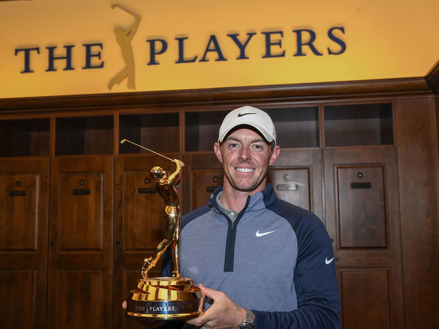 PONTE VEDRA BEACH, FL - MARCH 17: Rory McIlroy of Northern Ireland with THE PLAYERS Championship trophy in the Champions locker room after the final round of THE PLAYERS Championship on THE PLAYERS Stadium Course at TPC Sawgrass on March 17, 2019, in Ponte Vedra Beach .