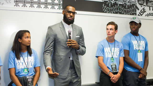 AKRON, OH - JULY 30: LeBron James addresses the media following the grand opening of the I Promise school on July 30, 2018 in Akron, Ohio. The new school is a partnership between the LeBron James Family foundation and Akron Public Schools. NOTE TO USER: User expressly acknowledges and agrees that, by downloading and/or using this Photograph, user is consenting to the terms and conditions of the Getty Images License Agreement. Mandatory Copyright Notice: Copyright 2018 NBAE