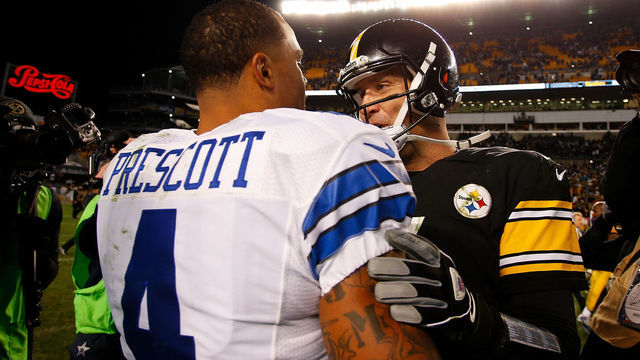 PITTSBURGH, PA - NOVEMBER 13: Ben Roethlisberger #7 of the Pittsburgh Steelers shakes hands with Dak Prescott #4 of the Dallas Cowboys at the conclusion of the Dallas Cowboys 35-30 win over the Pittsburgh Steelers at Heinz Field on November 13, 2016 in Pittsburgh, Pennsylvania.