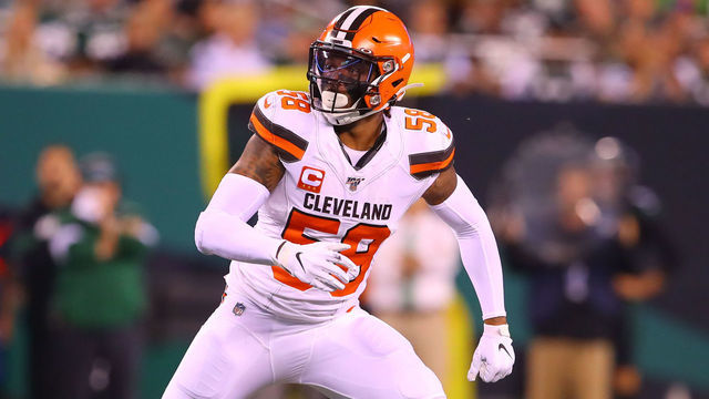 EAST RUTHERFORD, NJ - SEPTEMBER 16: Cleveland Browns outside linebacker Christian Kirksey (58) during the first quarter of the National Football League game between the New York Jets and the Cleveland Browns on September 16, 2019 at MetLife Stadium in East Rutherford, NJ.
