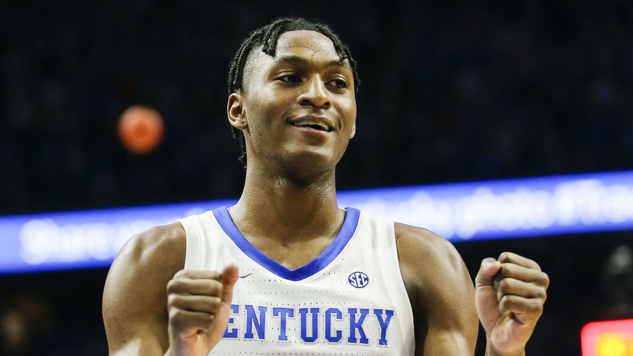 LEXINGTON, KENTUCKY - FEBRUARY 22: Immanuel Quickley #5 of the Kentucky Wildcats celebrates after making the game winning free-throw against the Florida Gators at Rupp Arena on February 22, 2020 in Lexington, Kentucky.