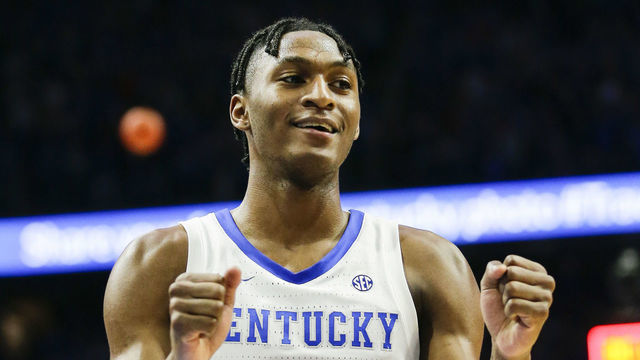 LEXINGTON, KENTUCKY - FEBRUARY 22: Immanuel Quickley #5 of the Kentucky Wildcats celebrates after making the game winning free-throw against the Florida Gators at Rupp Arena on February 22, 2020 in Lexington, Kentucky.