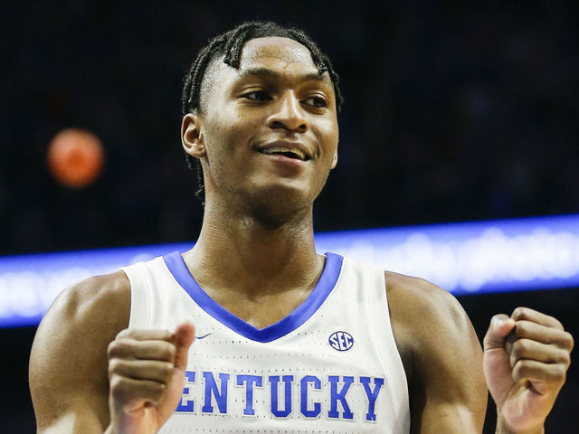 LEXINGTON, KENTUCKY - FEBRUARY 22: Immanuel Quickley #5 of the Kentucky Wildcats celebrates after making the game winning free-throw against the Florida Gators at Rupp Arena on February 22, 2020 in Lexington, Kentucky.