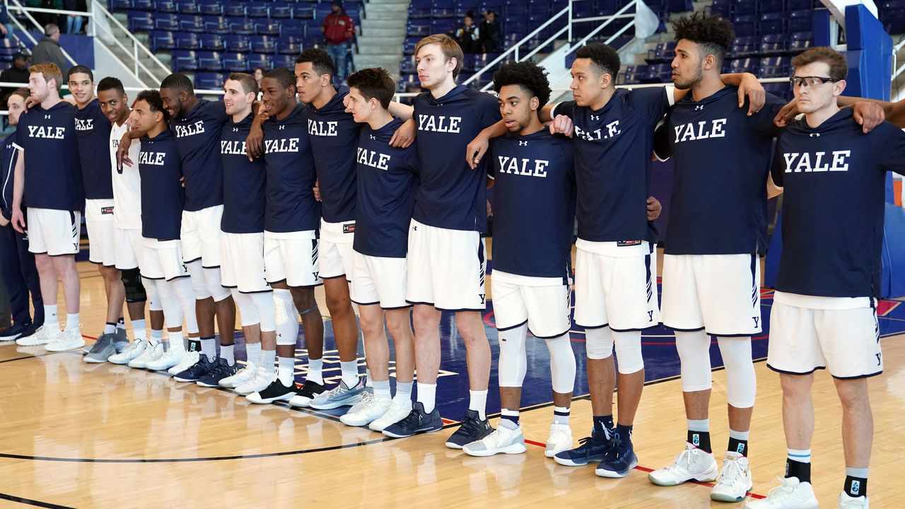 WASHINGTON, DC - JANUARY 20: The Yale Bulldogs line up for the National Anthem before a college basketball game against the against the Howard Bison at Burr Gymnasium on January 20, 2020 in Washington, DC.