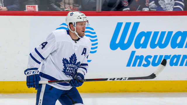 WINNIPEG, MB - JANUARY 2: Morgan Rielly #44 of the Toronto Maple Leafs keeps an eye on the play during first period action against the Winnipeg Jets at the Bell MTS Place on January 2, 2020 in Winnipeg, Manitoba, Canada. The Leafs defeated the Jets 6-3.