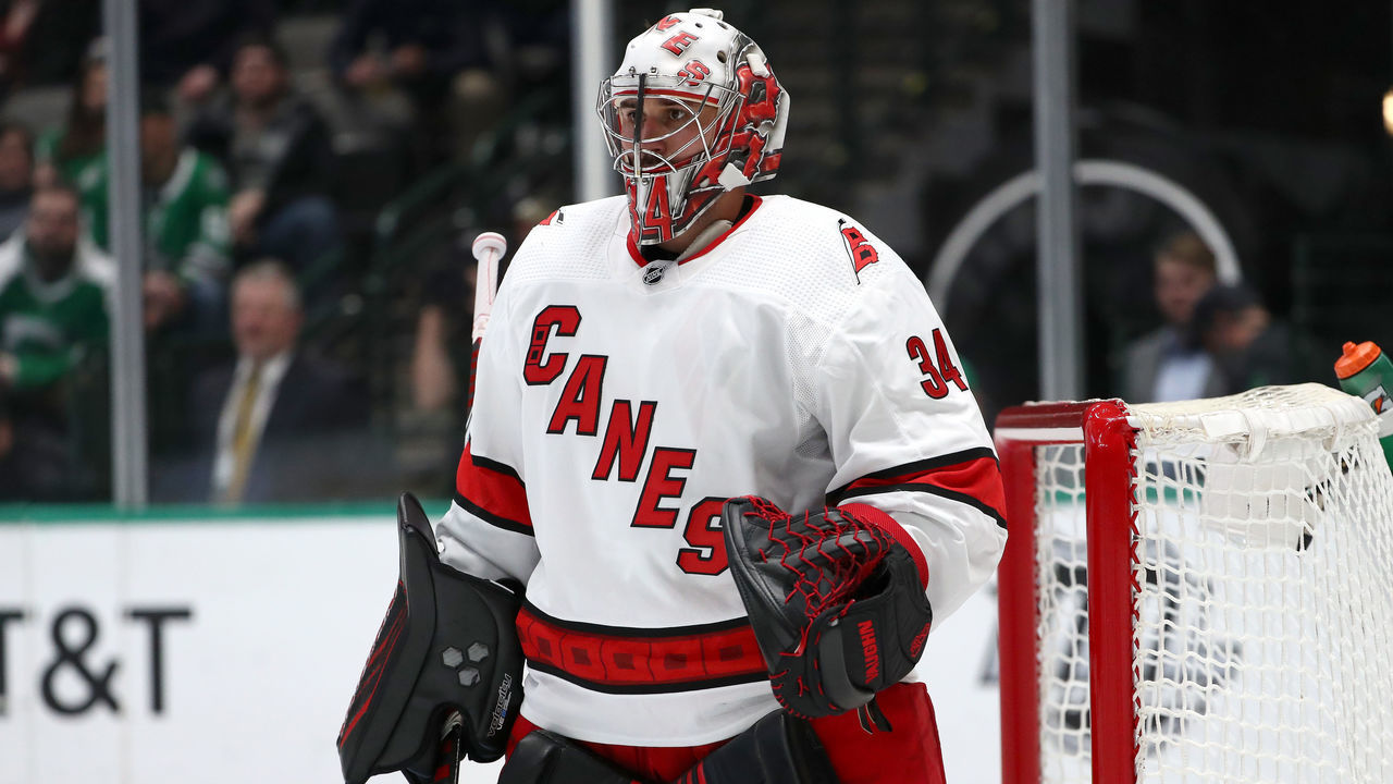 DALLAS, TEXAS - FEBRUARY 11: Petr Mrazek #34 of the Carolina Hurricanes in goal against the Dallas Stars at American Airlines Center on February 11, 2020 in Dallas, Texas.