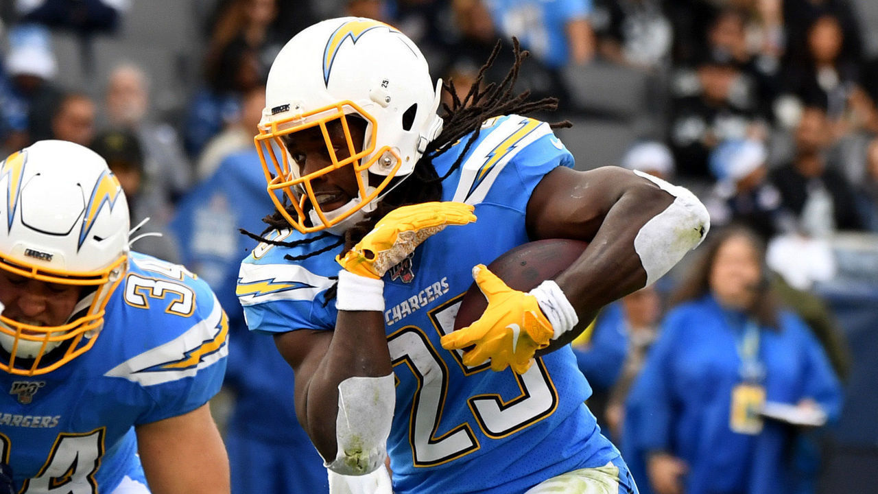CARSON, CA - DECEMBER 22: Running back Melvin Gordon #25 of the Los Angeles Chargers runs for a touchdown against the Oakland Raiders in the first half of a NFL football game at the Dignity Health Park on Sunday, December 22, 2019.