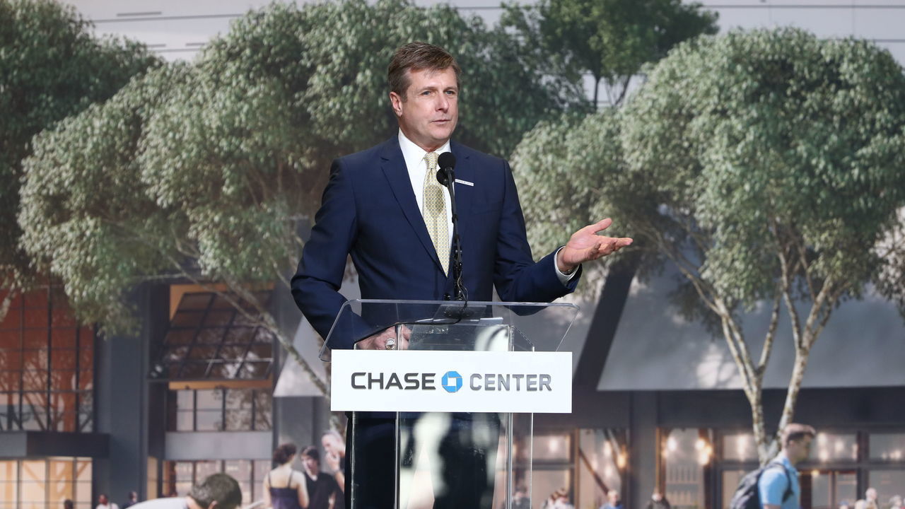 OAKLAND, CA - JANUARY 17: The president and COO of the Golden State Warriors, Rick Welts, talks to the crowd during the Golden State Warriors Chase Arena groundbreaking ceremony on January 17, 2017 in Oakland, California. NOTE TO USER: User expressly acknowledges and agrees that, by downloading and or using this photograph, user is consenting to the terms and conditions of Getty Images License Agreement. Mandatory Copyright Notice: Copyright 2017 NBAE