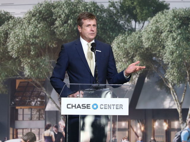 OAKLAND, CA - JANUARY 17: The president and COO of the Golden State Warriors, Rick Welts, talks to the crowd during the Golden State Warriors Chase Arena groundbreaking ceremony on January 17, 2017 in Oakland, California. NOTE TO USER: User expressly acknowledges and agrees that, by downloading and or using this photograph, user is consenting to the terms and conditions of Getty Images License Agreement. Mandatory Copyright Notice: Copyright 2017 NBAE